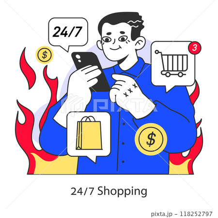 E-commerce. Online shopping with a big discount and special offer. Character purchasing goods in the internet, in mobile app or social media blog. Flat vector illustration E-commerce. Online shopping with a big discount and special offer. Character purchasing goods in the internet, in mobile app or social media blog. Flat vector illustration 118252797