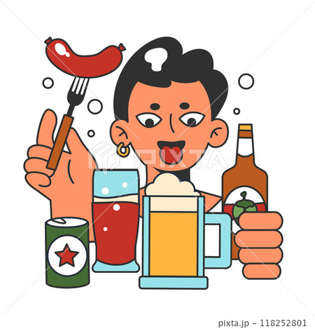 Oktoberfest festival. Cheerful Bavarian people or tourists. Character holding a full glass of beer and sausage. Traditional annual beer carnival in Germany. Flat vector illustration 118252801