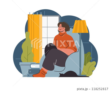 Hygge. Happy woman relaxing at home, weekend leisure time. Slow lifestyle approach. Idea of coziness and comfort. Body and mind balance. Flat vector illustration Hygge. Happy woman relaxing at home, weekend leisure time. Slow lifestyle approach. Idea of coziness and comfort. Body and mind balance. Flat vector illustration 118252817