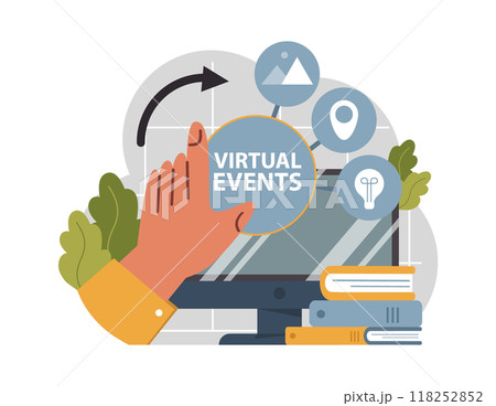 Virtual events. Online education, conference, exhibition, friends meeting, business video call. Communication through the Internet. Flat vector illustration 118252852