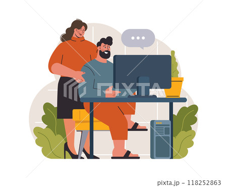 Hygge. Happy people relaxing at home, family members leisure time. Slow lifestyle approach. Idea of coziness and comfort. Body and mind balance. Flat vector illustration 118252863
