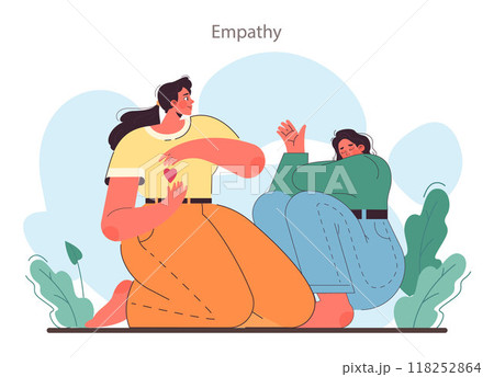 Soft skill development. Character with empathy. Woman with deep understanding of emotions and sympathy. Self-development for career growth. Flat vector illustration 118252864