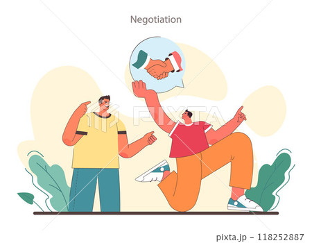 Soft skill development. Character with negotiation skill. Making a compromise in a difficult argument. Disagreement resolution. Self-development for career growth. Flat vector illustration 118252887