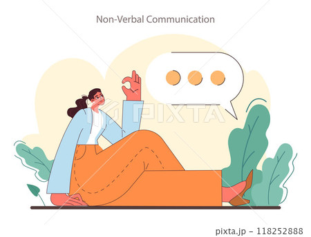 Soft skill development. Character with non-verbal communication skill. Effective collaboration, positive interaction with surrounding people. People community building. Flat vector illustration Soft skill development. Character with non-verbal communication skill. Effective collaboration, positive interaction with surrounding people. People community building. Flat vector illustration 118252888