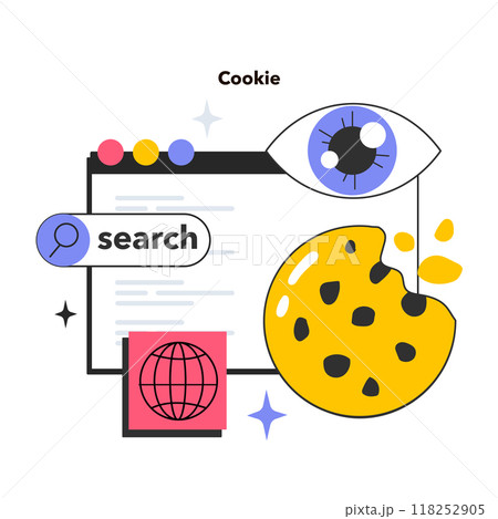 Cookie technology. Web browser session tracking. Access to user computer and confidential information. Device identification and web browsing experience improvement. Flat vector illustration 118252905