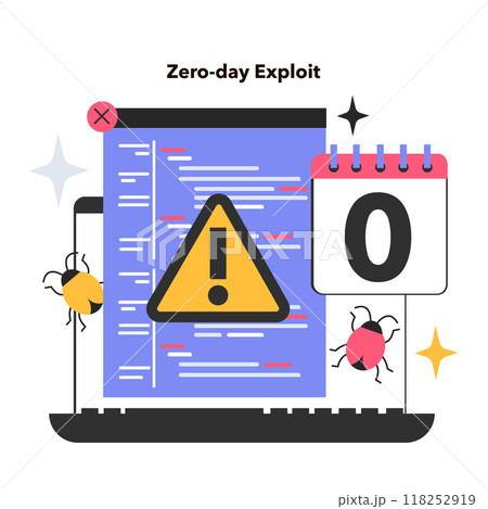 Zero-day exploit. Computer-software vulnerability. Cyber attack methodology by penetration of computer system immediately after developing using bugs. Flat vector illustration 118252919