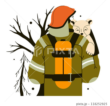 Wildfire. Burning forest trees, dangerous and harmful natural disaster. Firefighter in protective clothing and helmet rescuing an injured animal. Fireman holding a baby bear. Flat vector illustration 118252925