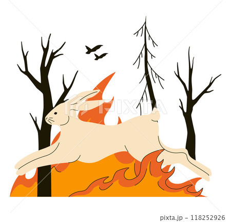 Wildfire. Burning forest trees, dangerous and harmful nature disaster. Animals and birds escaping woods fire. Rabbit or hare running from heat. Flat vector illustration 118252926