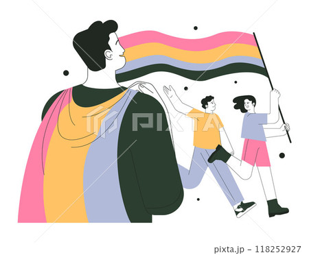 Pride parade. Smiling characters with rainbow flags celebrate pride month. LGBTQ community support and movement. Love is love idea. Diversity and solidarity celebration. Flat vector illustration 118252927