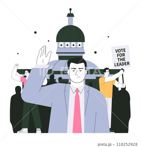 Protest. People on political demonstration, holding banners. Citizens deliberate and decide country's future by the electoral process. Election campaign event. Flat vector illustration 118252928