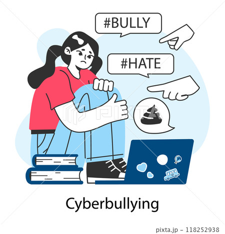 School bullying. Upset victim being bullied and shamed by others on the internet. Online harassment with mean and hurtful messages. Cyberbullying, social network violence. Flat vector illustration School bullying. Upset victim being bullied and shamed by others on the internet. Online harassment with mean and hurtful messages. Cyberbullying, social network violence. Flat vector illustration 118252938