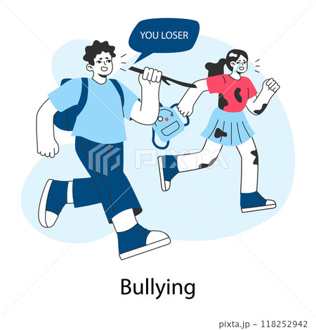 School bullying. Female victim being bullied and shamed by a boy. Agression and humiliation victim. Social violence problem. School verbal or physical abuse. Flat vector illustration 118252942