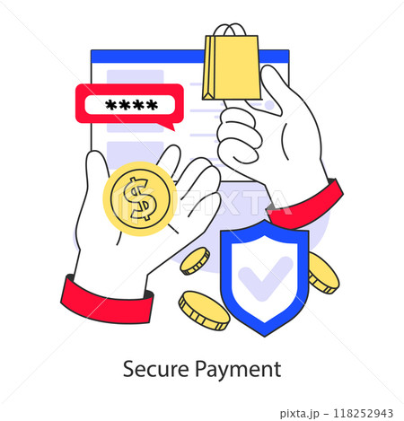 E-commerce. Online shopping, character purchasing goods in mobile app or social media blog. Secure online transaction for purchase payment. Flat vector illustration 118252943