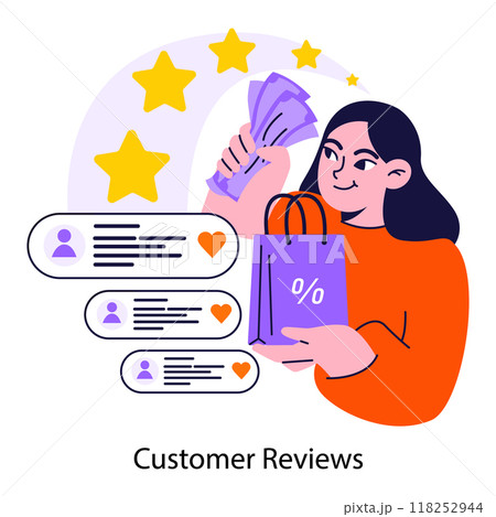 Customer reviews. Brand reputation based on consumer loyalty and trust. Woman assess purchased goods in mobile app or social media blog, leaving a feedback. Flat vector illustration 118252944