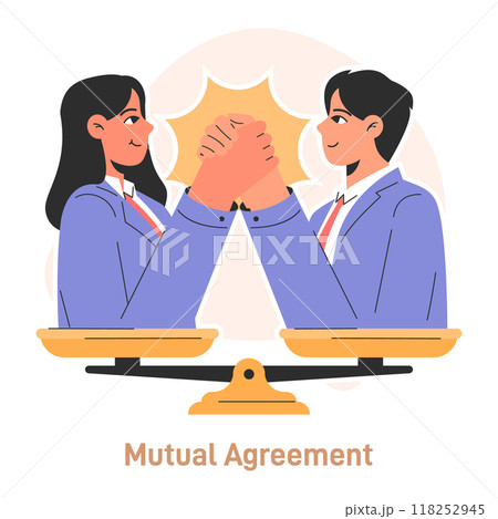 Compromise. Finding common ground and search for mutual agreement. Communication, empathy and trust between characters. Establishing a cooperative relationship. Flat vector illustration Compromise. Finding common ground and search for mutual agreement. Communication, empathy and trust between characters. Establishing a cooperative relationship. Flat vector illustration 118252945
