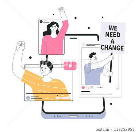 Online protest. People on smartphone screen protesting with banners. Angry characters holding a megaphone and posters with demands. Digital activism. Flat vector illustration Online protest. People on smartphone screen protesting with banners. Angry characters holding a megaphone and posters with demands. Digital activism. Flat vector illustration 118252955