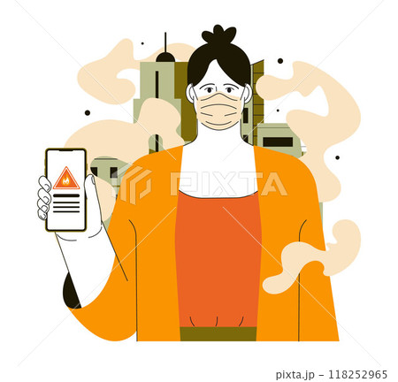 Wildfire. Burning forest trees, dangerous and harmfull nature disaster. Firefighter in protective clothing and helmet, aircraft and volunteer extinguishing woods fire. Flat vector illustration 118252965