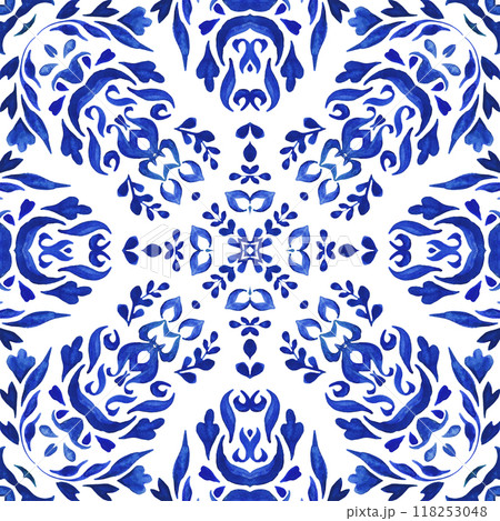 Azulejo Portuguese style tile. Gorgeous seamless blue floral watercolor pattern mediterranean tiles design. 118253048