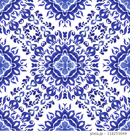 Azulejo Portuguese style tile. Gorgeous seamless blue floral watercolor pattern mediterranean tiles design. 118253049