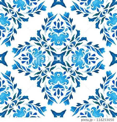 Abstract seamless ornamental watercolor damask arabesque paint pattern. Gorgeous ceramic tile design 118253050