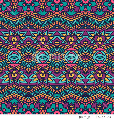 Ethnic boho geometric psychedelic colorful print with doodle Vector seamless pattern Bohemian style Ethnic boho geometric psychedelic colorful print with doodle Vector seamless pattern Bohemian style 118253083