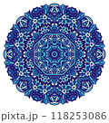 Abstract Winter Blue ethnic geometric mandala decoration. Round ornamental medallion in folk art style 118253086