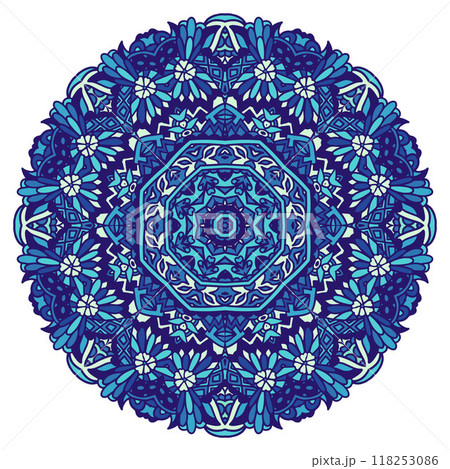 Abstract Winter Blue ethnic geometric mandala decoration. Round ornamental medallion in folk art style Abstract Winter Blue ethnic geometric mandala decoration. Round ornamental medallion in folk art style 118253086