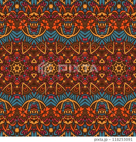 Abstract Tribal vintage indian textile ethnic seamless pattern ornamental. Vector colorful geomertric art background 118253091