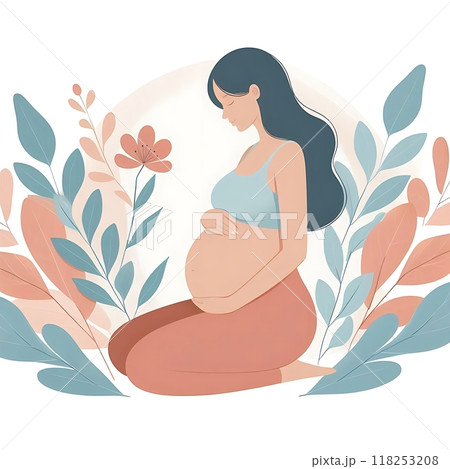 Beautiful young pregnant woman illustration. Concept of pregnancy and motherhood. Flat design on white background. Beautiful young pregnant woman illustration. Concept of pregnancy and motherhood. Flat design on white background. 118253208