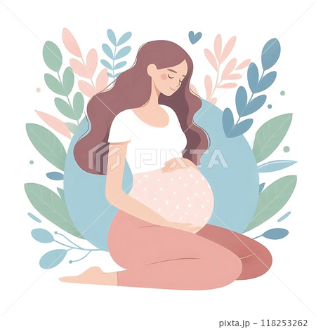 Beautiful young pregnant woman illustration. Concept of pregnancy and motherhood. Flat design on white background. 118253262
