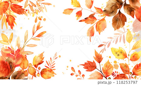 Watercolor autumn leafs frame on white background with copy space in centre. Hand painting card in red, orange and yellow colors 118253797