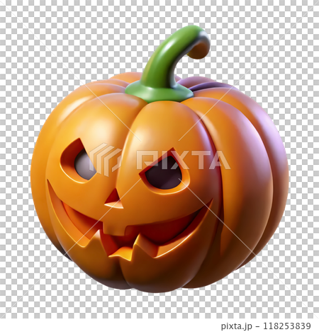 3d cartoon Halloween pumpkin isolated on background. Scary Jack-o-lantern plastic icon 118253839