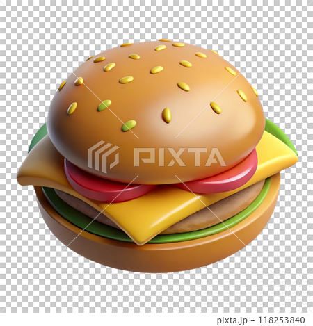 3d cartoon burger isolated on background. Tasty cheeseburger or hamburger digital illustration 118253840