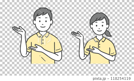 Upper body illustration of male and female caregivers giving guidance 118254119