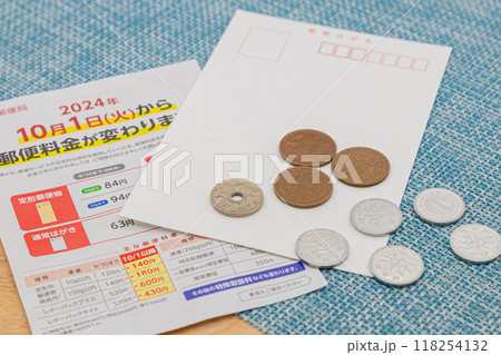 2024年10月からの郵便の値上げイメージ はがきと85円が置かれている 2024年10月からの郵便の値上げイメージ はがきと85円が置かれている 118254132