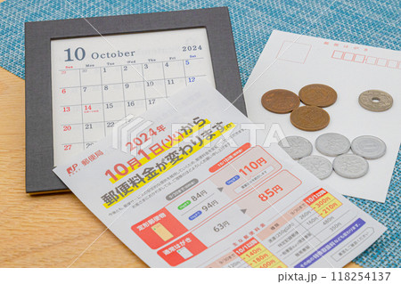2024年10月からの郵便の値上げイメージ はがきと85円が置かれている 郵便局からのお知らせ 2024年10月からの郵便の値上げイメージ はがきと85円が置かれている 郵便局からのお知らせ 118254137