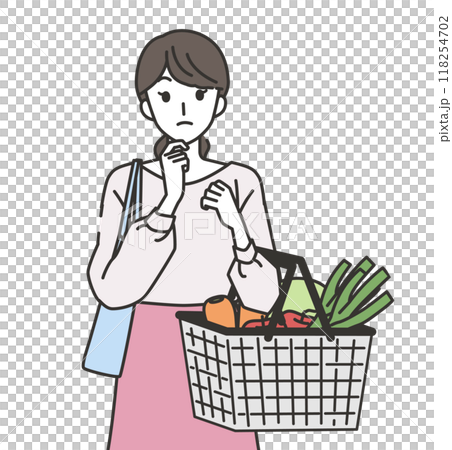 スーパーマーケットで考えながら買い物する女性 118254702