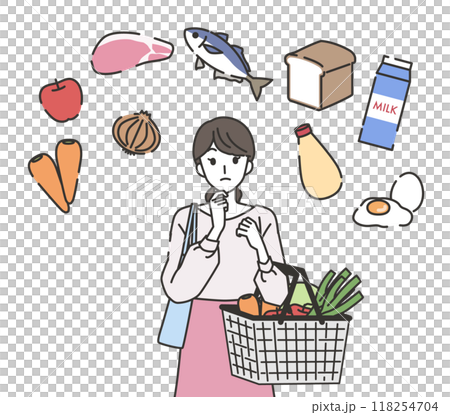 買い物の時何を買うか考えている主婦 118254704