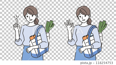 A woman pointing and a woman making an OK pose 118254753