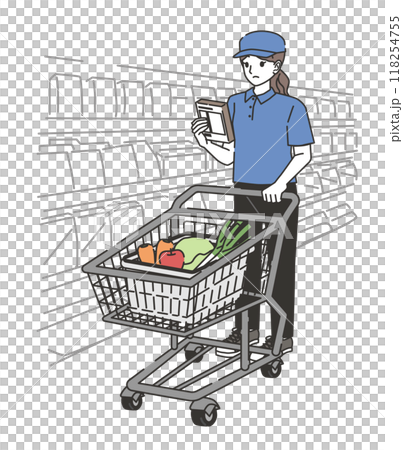 商品を確認しながら買い物する買い物代行の女性 商品を確認しながら買い物する買い物代行の女性 118254755