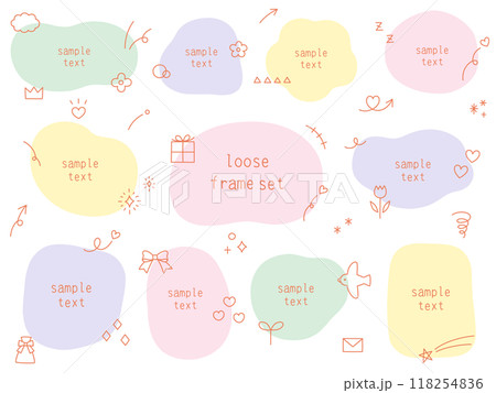 ゆるいフレームのベクターイラストセット。アイコン、手書き、ハート、花、鳥、星 118254836