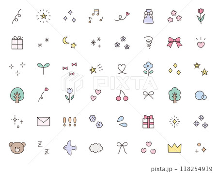 手書き風の飾りイラストのベクターイラストセット。手描き、注目、星、ハート、キラキラ、リボン 118254919