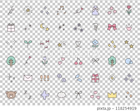 手書き風の飾りイラストのベクターイラストセット。手描き、注目、星、ハート、キラキラ、リボン 118254919