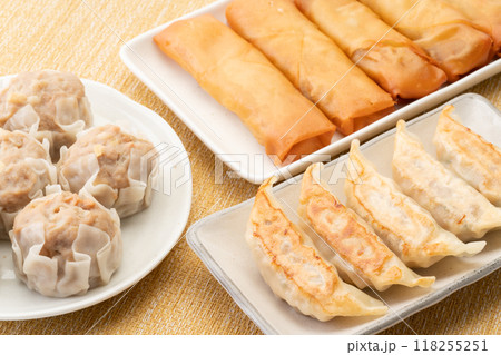 春巻きと餃子とシュウマイの点心のセット 118255251