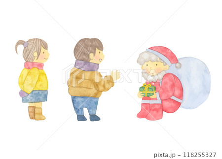 水彩タッチのかわいいクリスマスのサンタクロースと子供のワンシーンのベクターイラスト 118255327