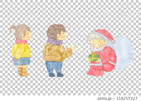 水彩タッチのかわいいクリスマスのサンタクロースと子供のワンシーンのベクターイラスト 118255327