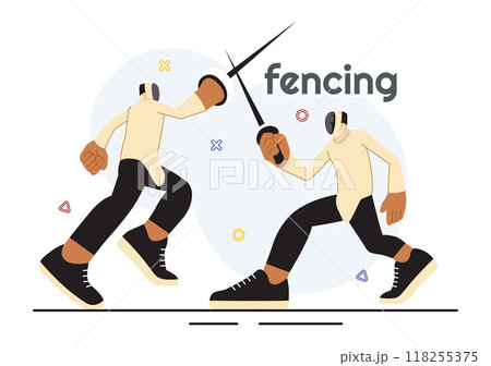 Fencing Player Sport Vector Illustration featuring a Fencer Competing on the Piste in a Sword Duel Competition Event with a Flat Cartoon Background Fencing Player Sport Vector Illustration featuring a Fencer Competing on the Piste in a Sword Duel Competition Event with a Flat Cartoon Background 118255375