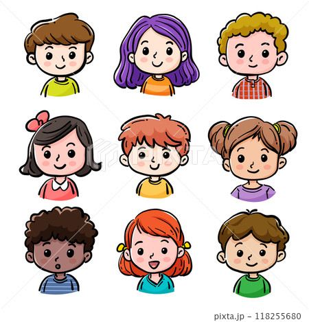 Cartoon children avatars set. Cute face of boys and girls with different hairstyles, skin colors and ethnicities Cartoon children avatars set. Cute face of boys and girls with different hairstyles, skin colors and ethnicities 118255680