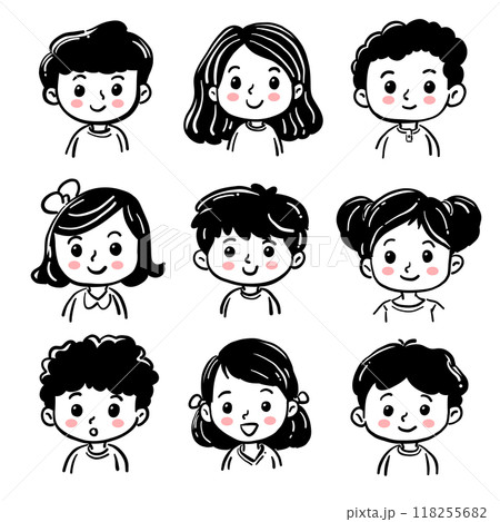 Cartoon children avatars set. Cute face of boys and girls with hand-drawn style. Vector illustration 118255682