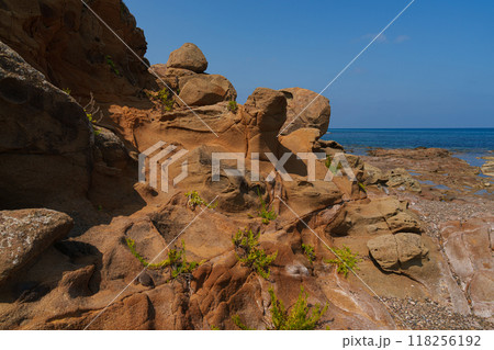 Red Sandstone Cliff by the Sea with Vegetation and Clear Sky Red Sandstone Cliff by the Sea with Vegetation and Clear Sky 118256192